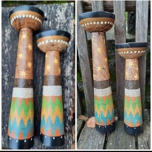Lot 2 upcycled wooden MCM candlesticks handpainted Folk Art